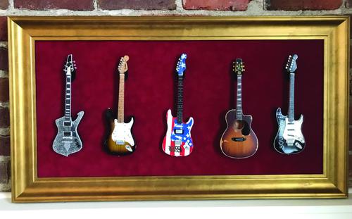 33 X 18 Mini Guitar Display Frame Red Suede Gold Frame Hols 3 Models