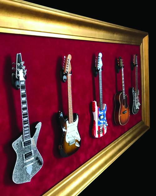 33 X 18 Mini Guitar Display Frame Red Suede Gold Frame Hols 3 Models