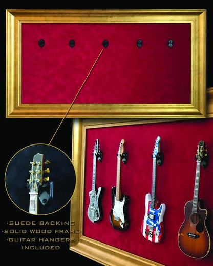 33 X 18 Mini Guitar Display Frame Red Suede Gold Frame Hols 3 Models