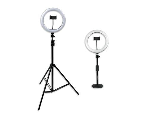 Set Of Two (2) Height-adjustable Stands With Pivoting Led Ring Lights And Universal Pho