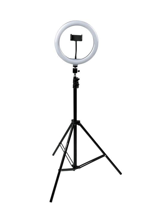 Set Of Two (2) Height-adjustable Stands With Pivoting Led Ring Lights And Universal Pho