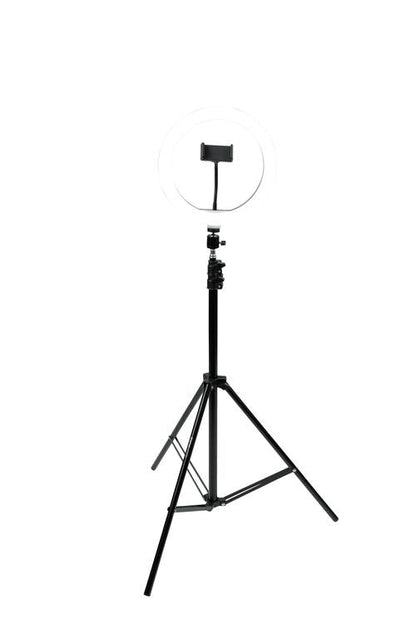 Set Of Two (2) Height-adjustable Stands With Pivoting Led Ring Lights And Universal Pho