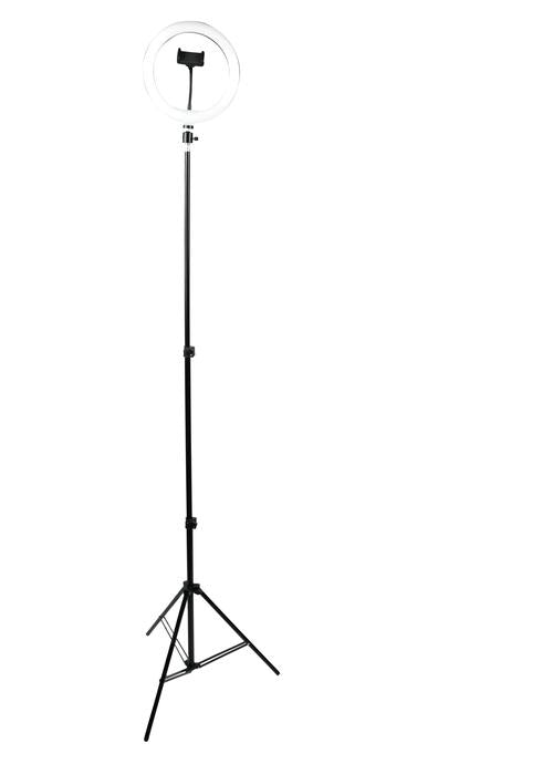 Set Of Two (2) Height-adjustable Stands With Pivoting Led Ring Lights And Universal Pho