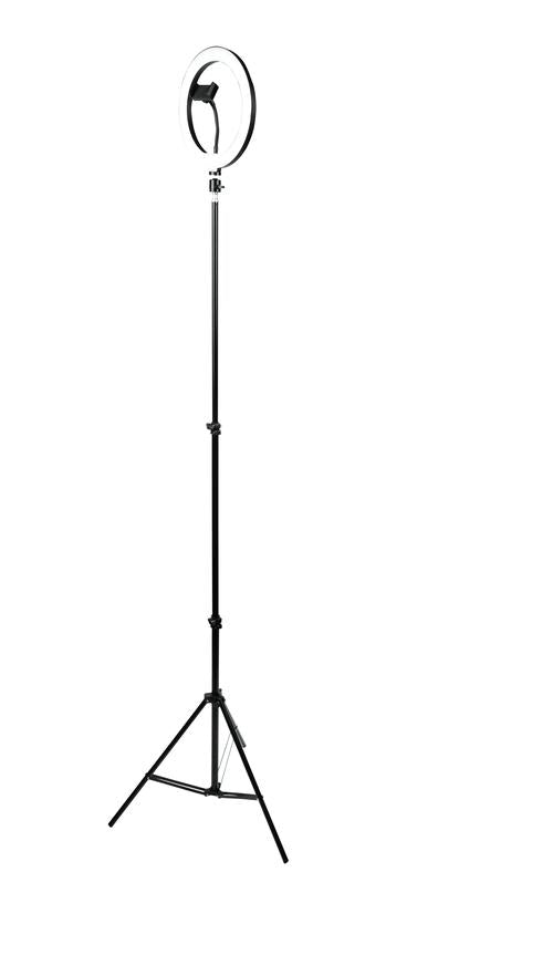 Set Of Two (2) Height-adjustable Stands With Pivoting Led Ring Lights And Universal Pho