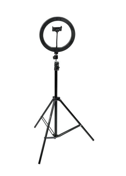 Set Of Two (2) Height-adjustable Stands With Pivoting Led Ring Lights And Universal Pho