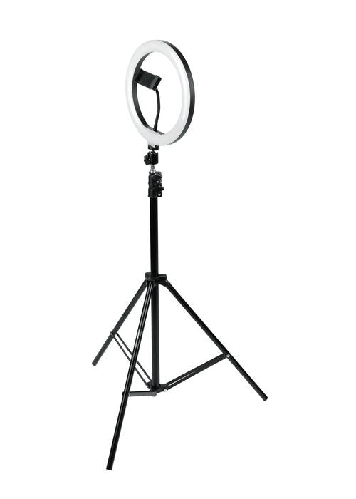 Set Of Two (2) Height-adjustable Stands With Pivoting Led Ring Lights And Universal Pho