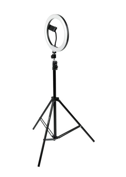 Set Of Two (2) Height-adjustable Stands With Pivoting Led Ring Lights And Universal Pho