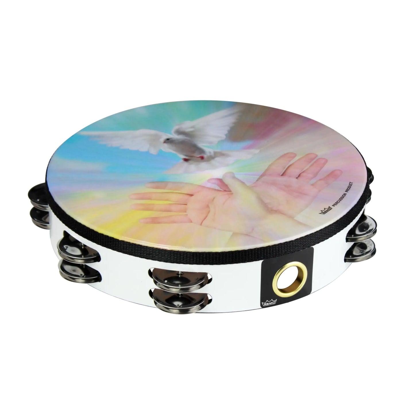 Praise Tambourine - 10“ Diameter, Double Row, White, 'Ruach Spirit' Graphic
