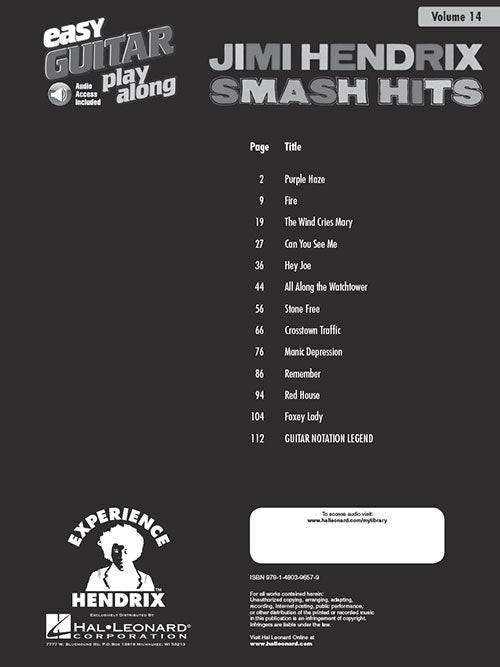 Hendrix, Jimi - Smash Hits - Easy Guitar Play-Along Vol. 14 - Book/Online Audio