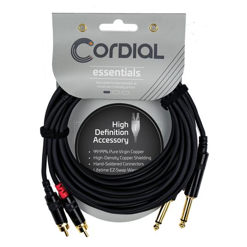Unbalanced Twin Cable/Adapter (Black) - Two 1/4 inch. Mono Plugs - Two RCA Plugs, 3'
