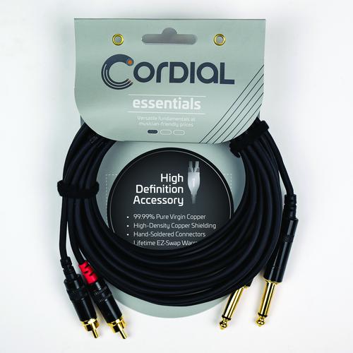 Unbalanced Twin Cable/Adapter (Black) - Two 1/4 inch. Mono Plugs - Two RCA Plugs, 10'