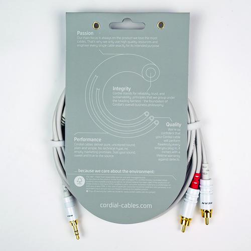 Y Adapter (White) - Long - 1/8 inch. Stereo TRS - L/R RCA Plugs, 5'