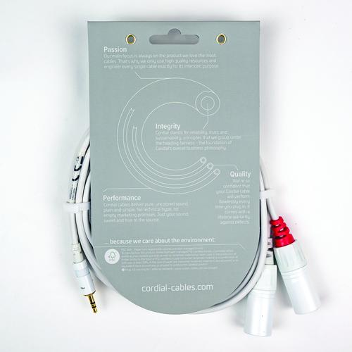 Y Adapter (White) - Long - Stereo 1/8 inch. TRS - L/R XLRM Plugs, 5'