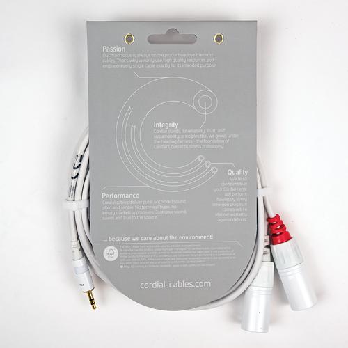 Y Adapter (White) - Long - Stereo 1/8 inch. TRS - L/R XLRM Plugs, 20'